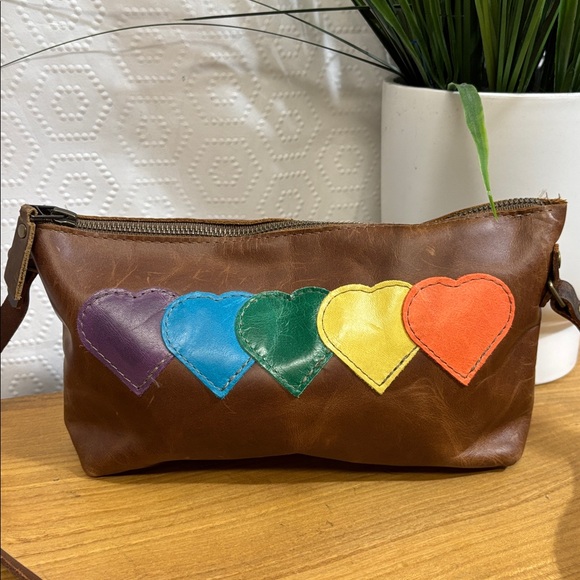 In Blue Handmade Genuine Leather Purse rainbow hearts - Picture 2 of 9